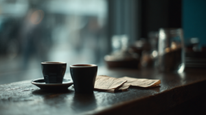 Close-up of espresso cups and an unexpectedly high café receipt on a table after a memorial gathering, capturing the emotional impact of feeling overcharged