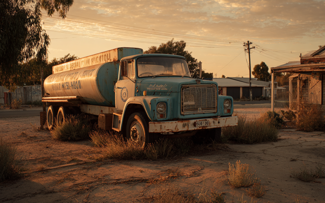 empty fuel truck laying abandoned next to derelict building.
