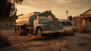 empty fuel truck laying abandoned next to derelict building.