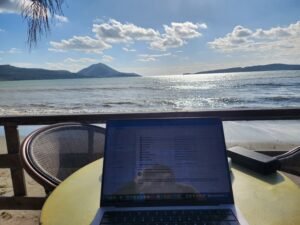 real image of cafe where we sat. you see my laptop on table with Ionian Sea and town of pylos in background