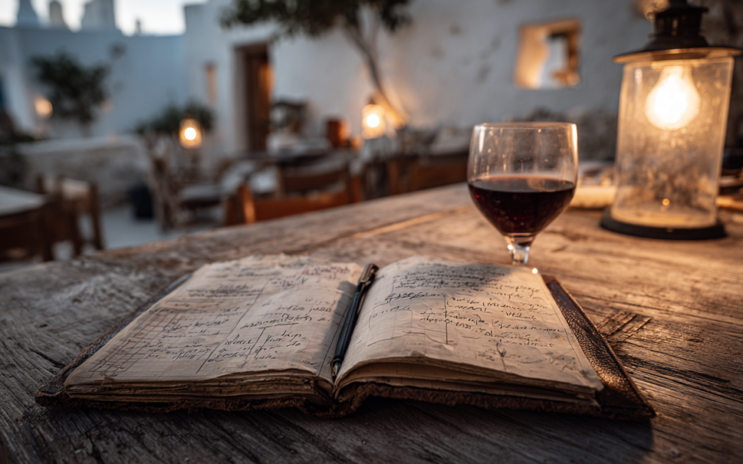 a leather book is open next to a bottle of wine on a wooden table in a Greek Taverna implying key timeless principles there for the peace of mind atmosphere