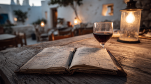 a leather book is open next to a bottle of wine on a wooden table in a Greek Taverna implying key timeless principles there for the peace of mind atmosphere