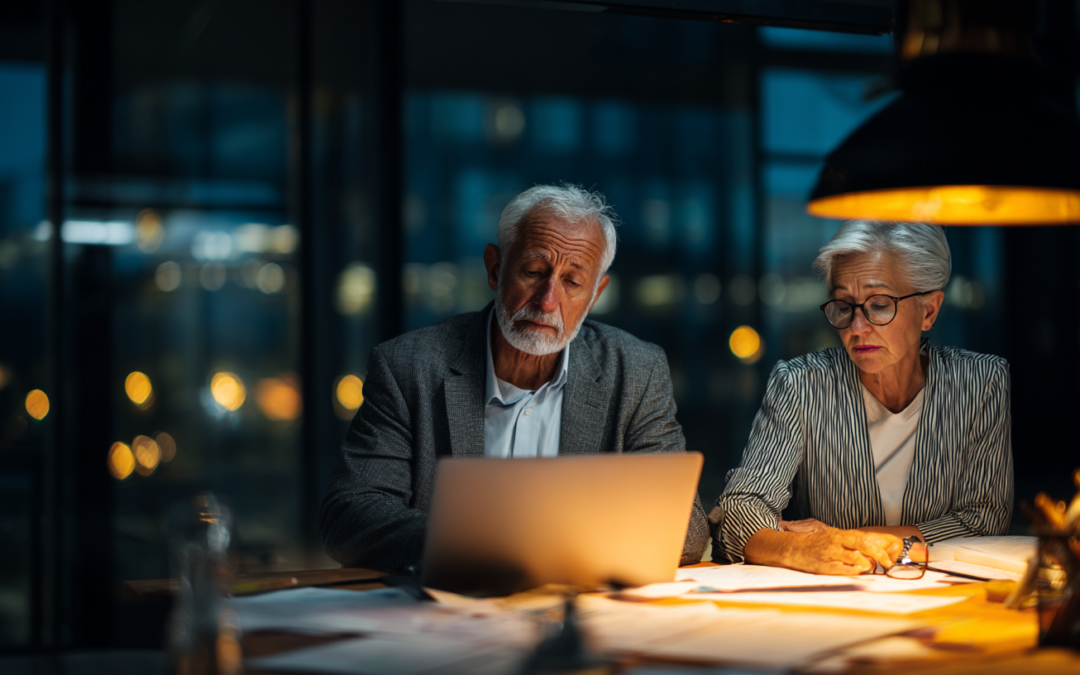 older business couple anxiously looking at the figures on computer in a dark office