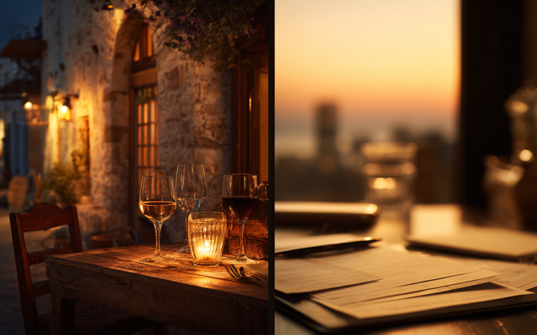 split screen of wine in a greek taverna at left and glass on a corporate table with city view on right side.