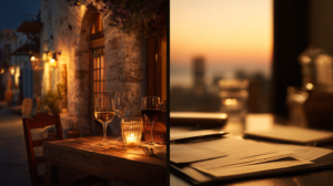 split screen of wine in a greek taverna at left and glass on a corporate table with city view on right side.