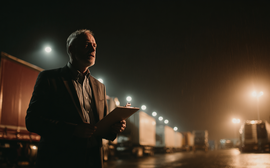 business owner late at night alone in warehouse working overtime cause he's doing everything himself.