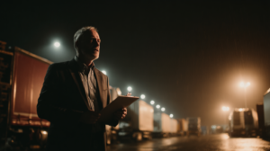 business owner late at night alone in warehouse working overtime cause he's doing everything himself.