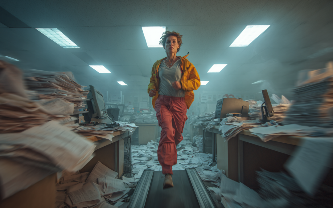 business woman running on treadmill with papers flying all around