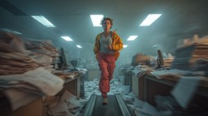 business woman running on treadmill with papers flying all around