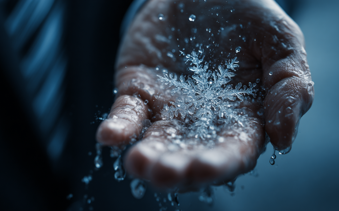 A large snowflake in the palm of a hand