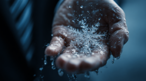 A large snowflake in the palm of a hand