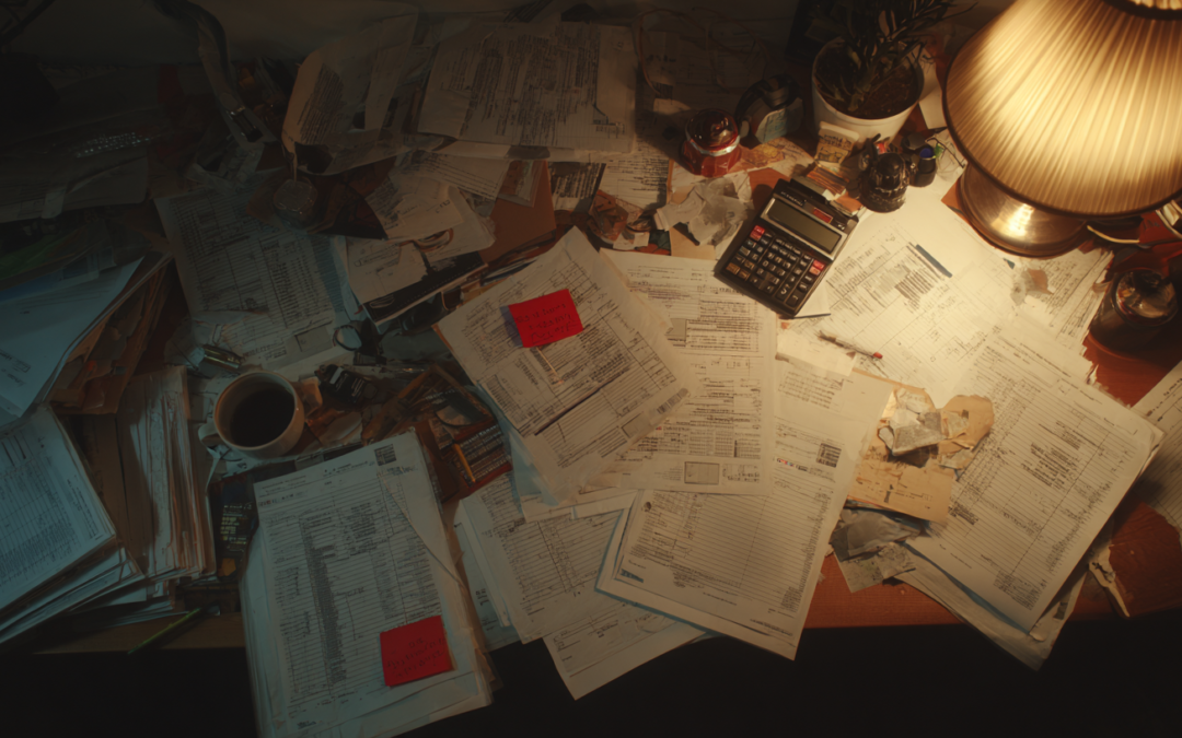 Very messy and full table with unpaid invoices in red showing disarray and missing money