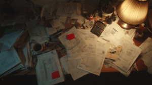 Very messy and full table with unpaid invoices in red showing disarray and missing money