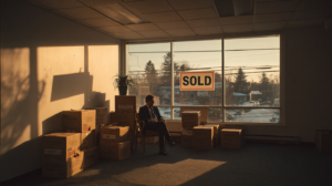business man in empty office that sold for pennies on dollar