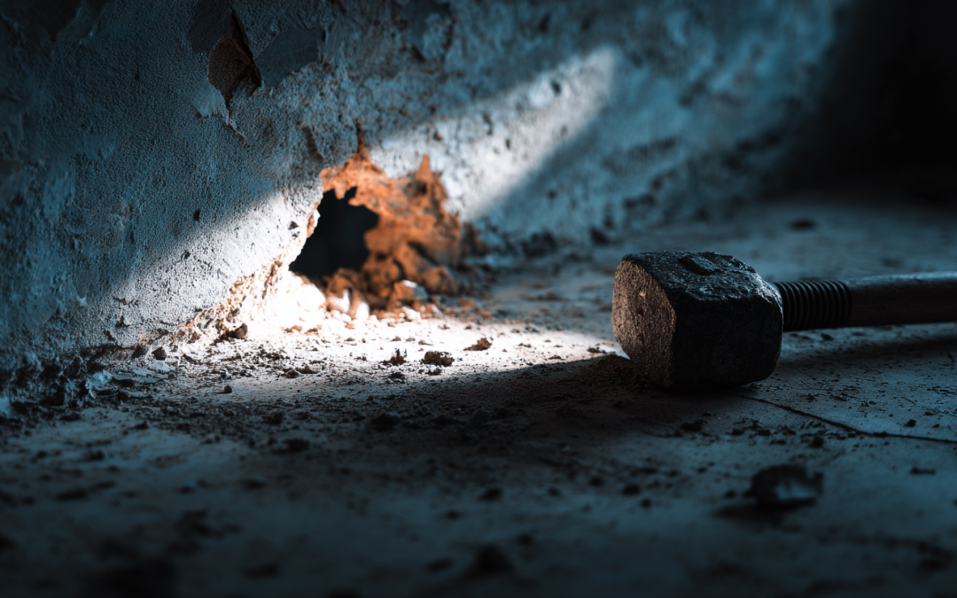 rock hammer next to a wall with a hole chipped in