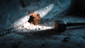 rock hammer next to a wall with a hole chipped in