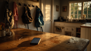 A mobile phone lying face up on a kitchen counter showing an unread text message, afternoon light streaming through a window casting warm shadows across the surface, three children's backpacks hanging on hooks in the soft-focus background