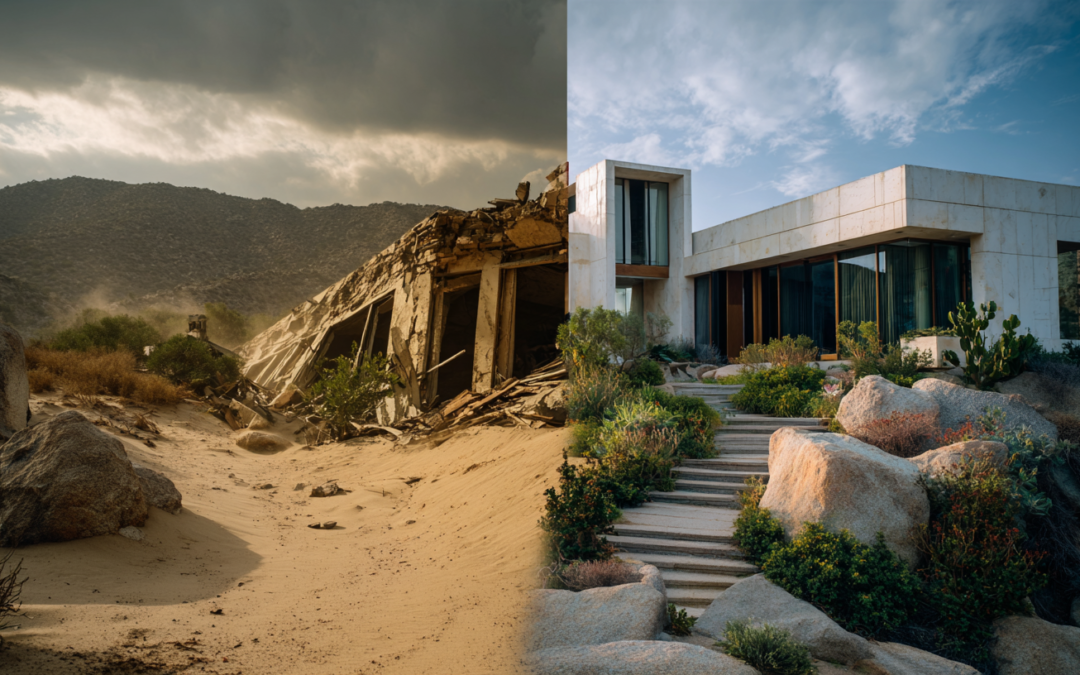 2 homes left demolished and buried in sand. one on right immaculate and built on rock