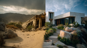 2 homes left demolished and buried in sand. one on right immaculate and built on rock