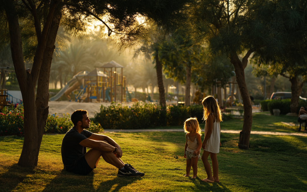 father holding his hamstring in a park while his 2 daughters look concerned.