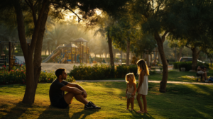 father holding his hamstring in a park while his 2 daughters look concerned.