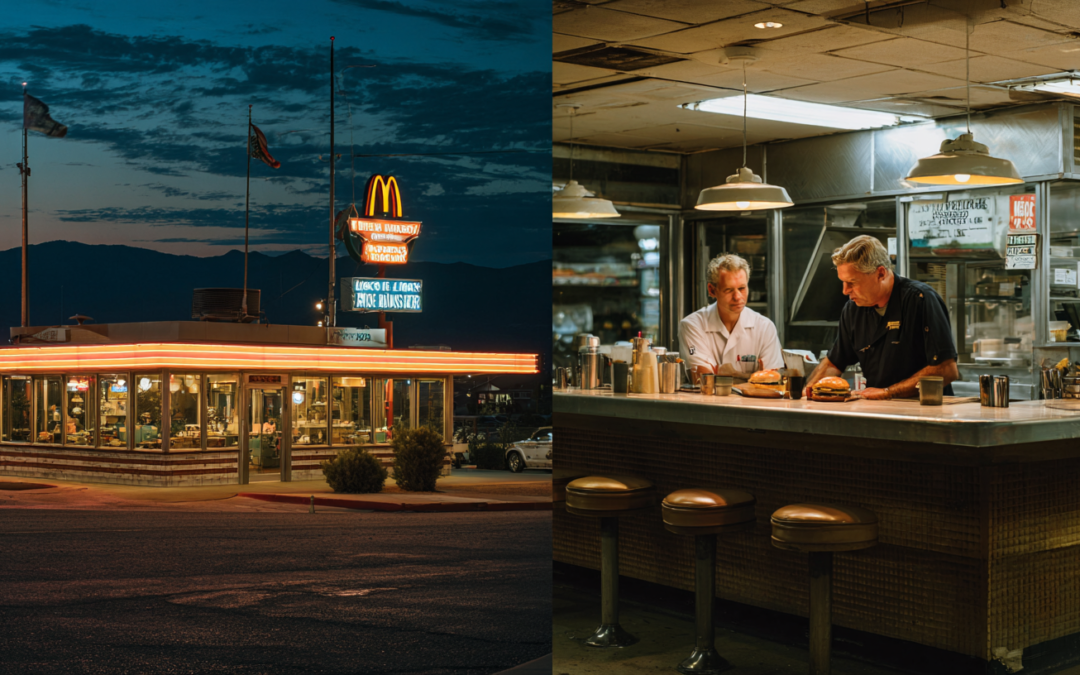 split screen. left side showing a McDonalds and it's empire and right side 2 guys buried in running a dinner