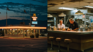 split screen. left side showing a McDonalds and it's empire and right side 2 guys buried in running a dinner
