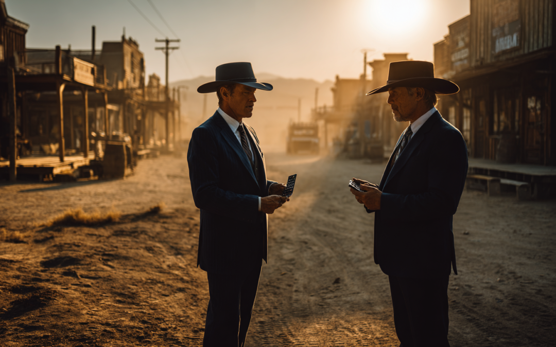 2 business men wearing suits and cowboy hats facing each other in a dusty old western town but instead of carrying guns they are showing calculators to each other.