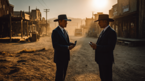 2 business men wearing suits and cowboy hats facing each other in a dusty old western town but instead of carrying guns they are showing calculators to each other.