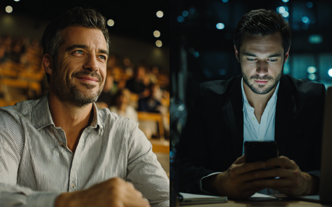 Split screen of one father enjoying his daughter's play while the other is buried in his mobile due to being stuck at work