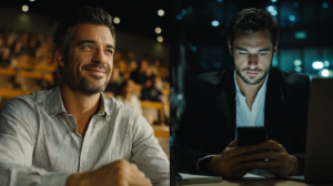 Split screen of one father enjoying his daughter's play while the other is buried in his mobile due to being stuck at work