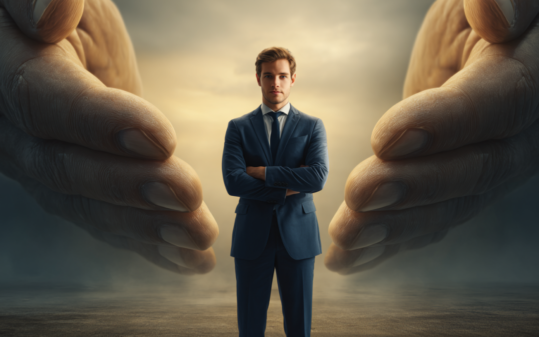 A confident businessman in a navy suit standing relaxed inside a giant pair of cupped open hands, the hands are warm and solid like smooth stone or marble, the businessman looks calm and at ease with arms folded and a slight smile, soft golden light from above, clean minimal background with a subtle warm gradient, photorealistic conceptual photography, the scale difference between the large hands and normal sized person is dramatic and clear, shot on Hasselblad X2D medium format, atmosphere of safety protection and total confidence
