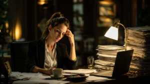 Exhausted business woman at a desk late nights with piles of paper all around her and stressed