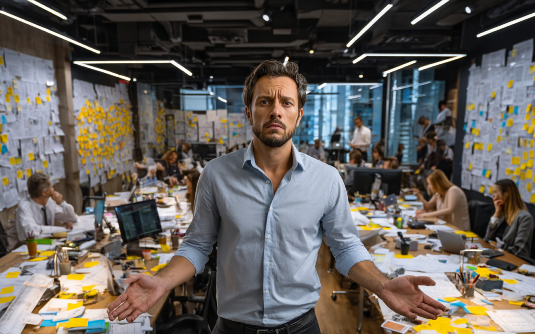 An overwhelmed businessman standing in the centre of a chaotic open plan office with multiple whiteboards behind him each showing completely different project types and timelines, sticky notes everywhere in different colours, team members at desks looking confused and stressed, papers and blueprints scattered across every surface, harsh fluorescent overhead lighting, the man in the centre looking in three directions at once with his hands slightly raised as if trying to hold it all together, ultrarealistic photography, conveying exhaustion and disorder, shot on Canon EOS R5 24mm wide angle, atmosphere of a company stretched far beyond what it should be doing