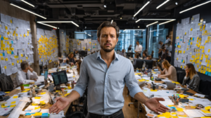 An overwhelmed businessman standing in the centre of a chaotic open plan office with multiple whiteboards behind him each showing completely different project types and timelines, sticky notes everywhere in different colours, team members at desks looking confused and stressed, papers and blueprints scattered across every surface, harsh fluorescent overhead lighting, the man in the centre looking in three directions at once with his hands slightly raised as if trying to hold it all together, ultrarealistic photography, conveying exhaustion and disorder, shot on Canon EOS R5 24mm wide angle, atmosphere of a company stretched far beyond what it should be doing