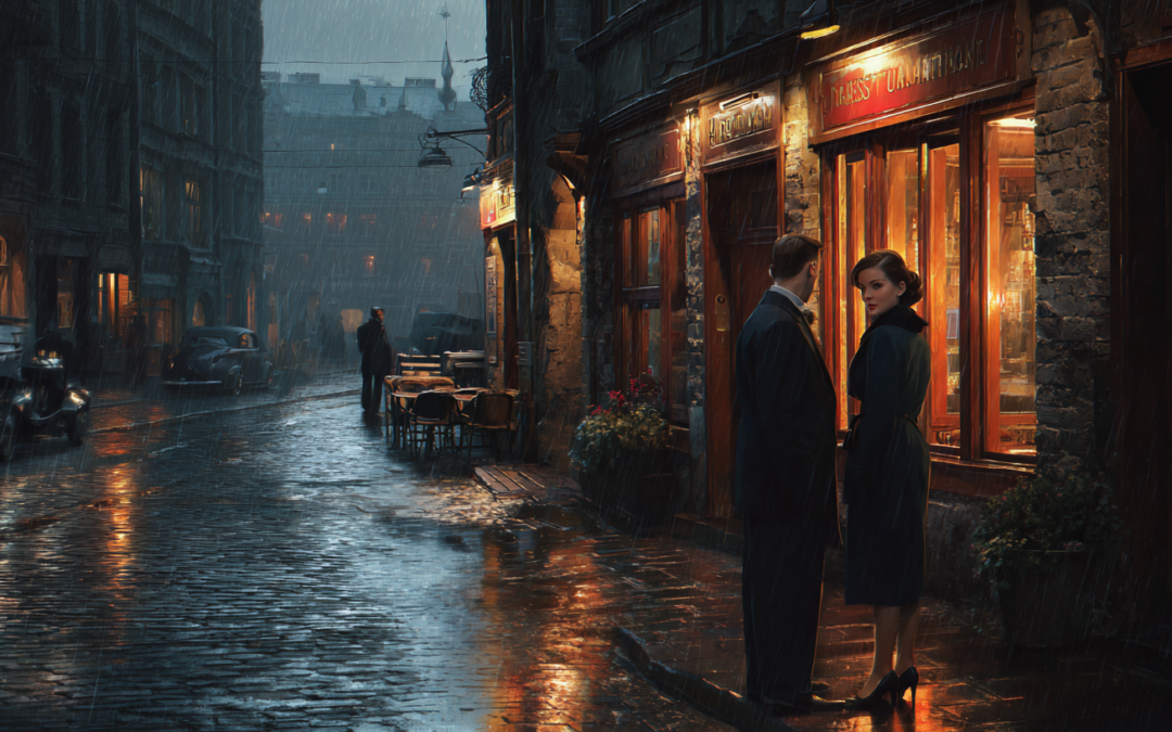 young marine meeting a woman for a coffee in east block country. it's rainy, dark and suspenseful atmosphere.