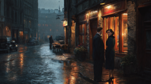 young marine meeting a woman for a coffee in east block country. it's rainy, dark and suspenseful atmosphere.