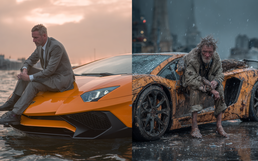 split image of a sharp dressed man sitting on hood of orange Lamborghini. right panel shows same man homeless and sitting on a muddy and broken down orange lamborghini