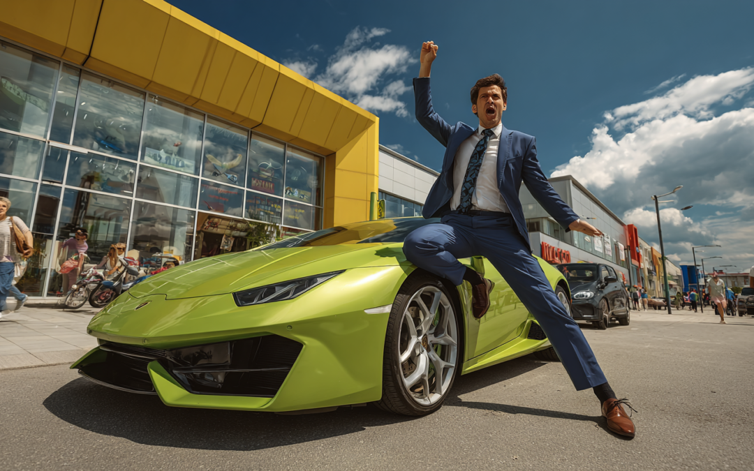 A man in a business suit standing on the hood of a lime green Lamborghini parked outside a generic outlet mall on a sunny day, he is in a ridiculous yoga pose with his left arm extended above his head and right leg lifted behind him balancing awkwardly, shoppers in the background staring and taking photos with confused expressions, the scene is absurd and comedic, bright saturated colours