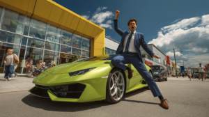 A man in a business suit standing on the hood of a lime green Lamborghini parked outside a generic outlet mall on a sunny day, he is in a ridiculous yoga pose with his left arm extended above his head and right leg lifted behind him balancing awkwardly, shoppers in the background staring and taking photos with confused expressions, the scene is absurd and comedic, bright saturated colours