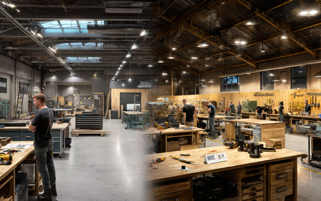 split panel. left is empty workshop as no projects scheduled. on right is full workshop due to recurring revenue keeping workers busy and cash flow regular.