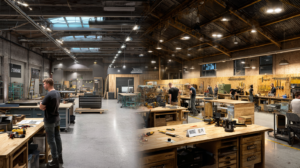 split panel. left is empty workshop as no projects scheduled. on right is full workshop due to recurring revenue keeping workers busy and cash flow regular.