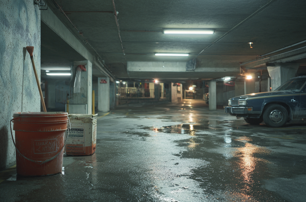 wet parking lot with cleaning supplies but no cleaner. empty and incomplete is the feeling