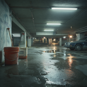 wet parking lot with cleaning supplies but no cleaner. empty and incomplete is the feeling