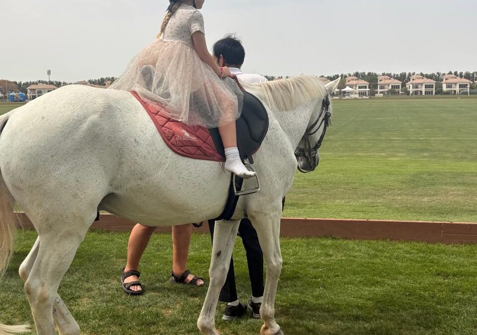girl on a white horse overlooking the polo grounds