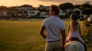 A father seen from behind standing at the edge of a green polo field on a sunny morning, his hands relaxed at his sides, watching his young daughter riding a white horse