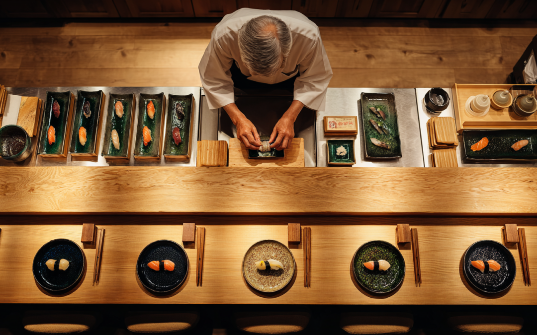 overview of an older man at a sushi counter preparing for 10 plates
