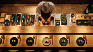 overview of an older man at a sushi counter preparing for 10 plates
