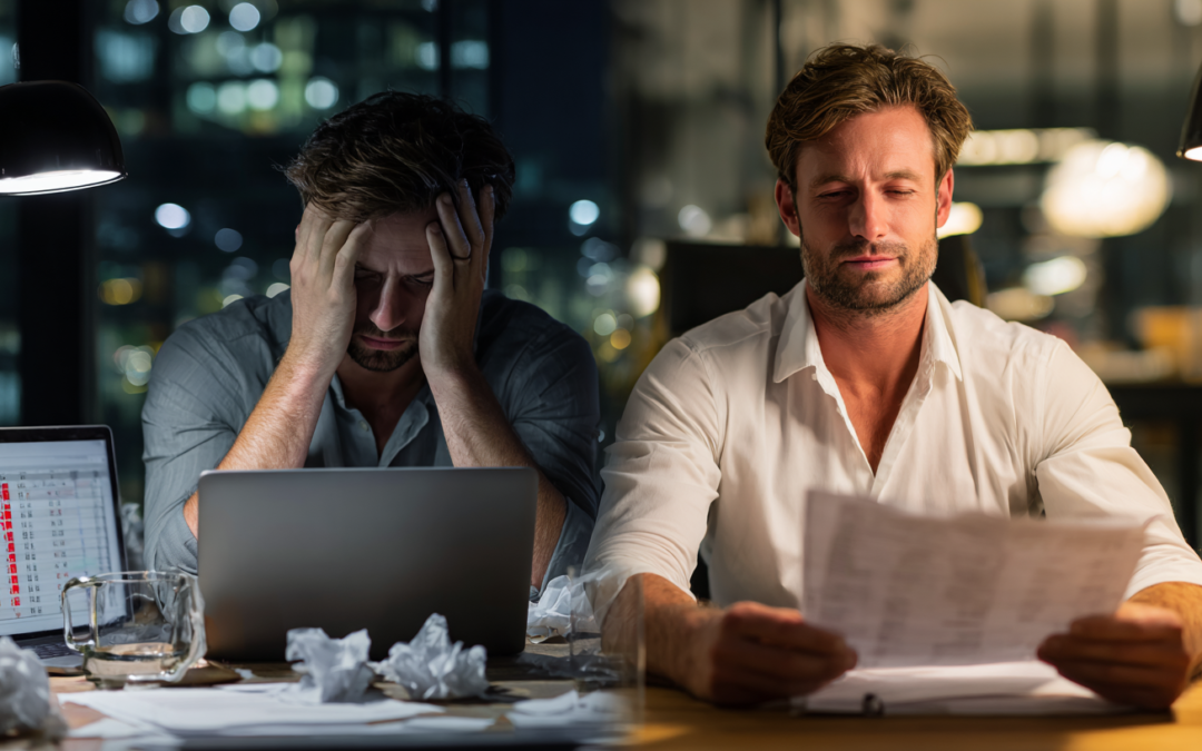 split panel showing business man stressed because he has no margins and relaxed as he charges what he's worth and has margins to invest