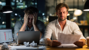 split panel showing business man stressed because he has no margins and relaxed as he charges what he's worth and has margins to invest